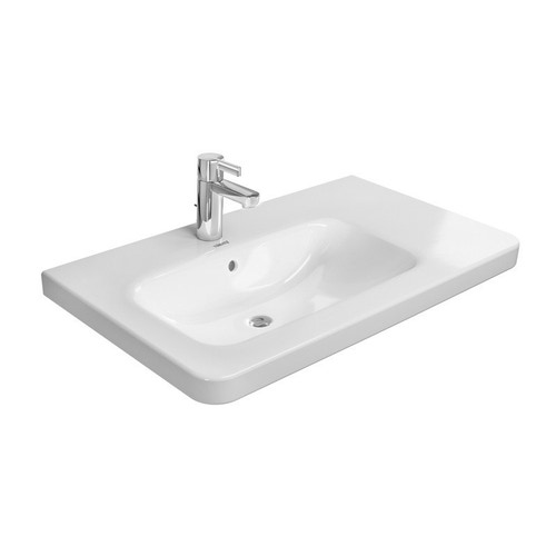 Immagine di Duravit DURASTYLE lavabo consolle asimmetrico 80 cm monoforo, con bacino a sinistra, con troppopieno e bordo per rubinetteria, lato inferiore smaltato, colore bianco 2325800000