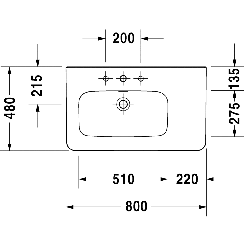 Immagine di Duravit DURASTYLE lavabo consolle asimmetrico 80 cm con 3 fori per rubinetteria, con bacino a sinistra, con troppopieno e bordo per rubinetteria, WonderGliss, lato inferiore smaltato, colore bianco 23258000301