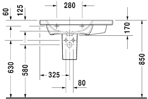 Immagine di Duravit DURASTYLE lavabo consolle asimmetrico 80 cm con 3 fori per rubinetteria, con bacino a sinistra, con troppopieno e bordo per rubinetteria, WonderGliss, lato inferiore smaltato, colore bianco 23258000301