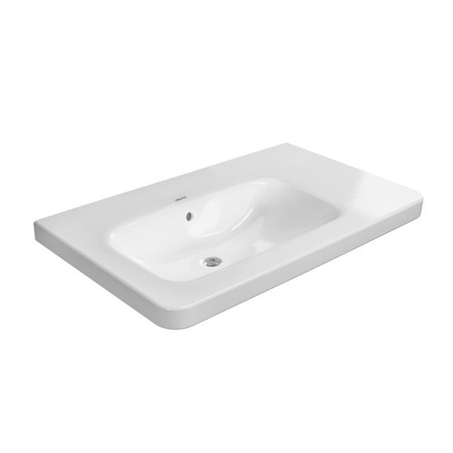 Immagine di Duravit DURASTYLE lavabo consolle asimmetrico 80 cm senza foro per rubinetteria, con bacino a sinistra, con troppopieno e bordo per rubinetteria, WonderGliss, lato inferiore smaltato, colore bianco 23258000601