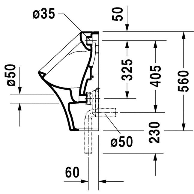 Immagine di Duravit DURASTYLE orinatoio entrata posteriore nascosta, ad aspirazione, senza mosca, scarico a scelta orizzontale nascosto o verticale a vista, colore bianco 2804300000