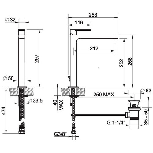 Immagine di Gessi VIA MANZONI miscelatore lavabo H.30 cm, con scarico e flessibili di collegamento, finitura cromo 38603#031
