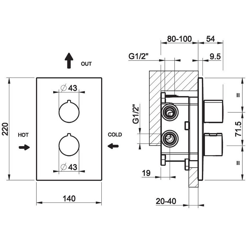 Immagine di Gessi EMPORIO SHOWER miscelatore termostatico a 1 uscita, senza corpo incasso, colore nero finitura opaco 38792#299