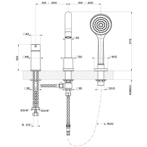 Immagine di Gessi VIA TORTONA gruppo bordo vasca, tre fori con bocca di erogazione, deviatore, flessibile 150 cm e doccetta anticalcare, colore nero finitura opaco 18637#299