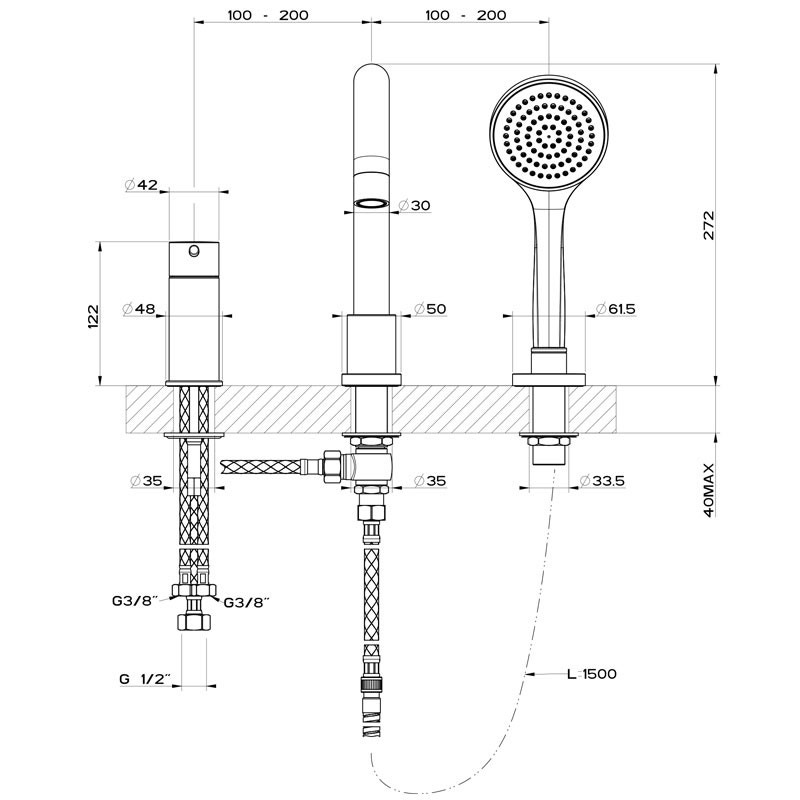 Immagine di Gessi VIA TORTONA gruppo bordo vasca, tre fori con bocca di erogazione, deviatore, flessibile 150 cm e doccetta anticalcare, colore nero finitura opaco 18637#299