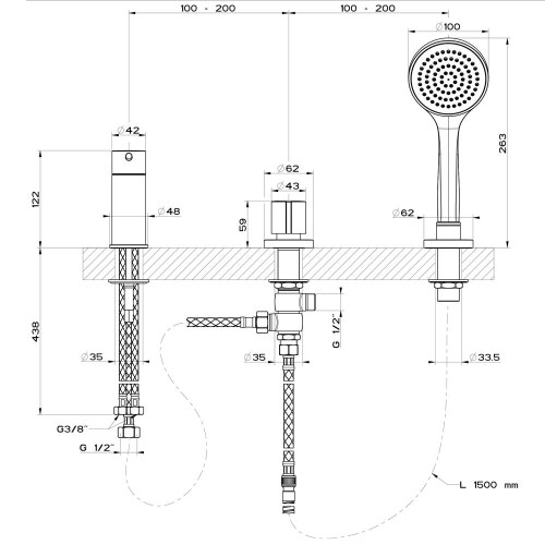 Immagine di Gessi VIA TORTONA gruppo bordo vasca, tre fori con deviatore, flessibile 150 cm e doccetta anticalcare, finitura cromo 18643#031
