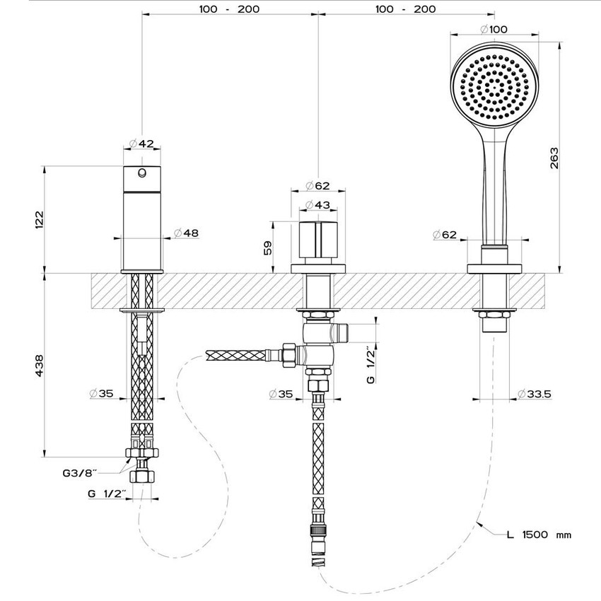 Immagine di Gessi VIA TORTONA gruppo bordo vasca, tre fori con deviatore, flessibile 150 cm e doccetta anticalcare, finitura cromo 18643#031