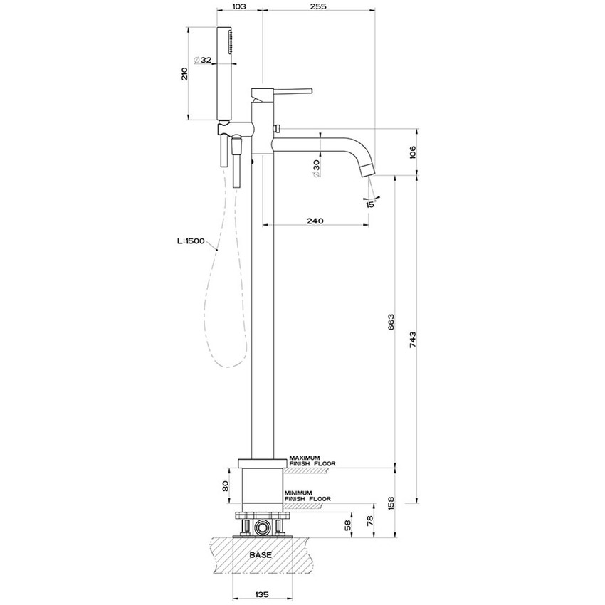 Immagine di Gessi VIA TORTONA piantana esterno vasca con doccetta, senza corpo incasso, colore nero finitura opaco 24943#299