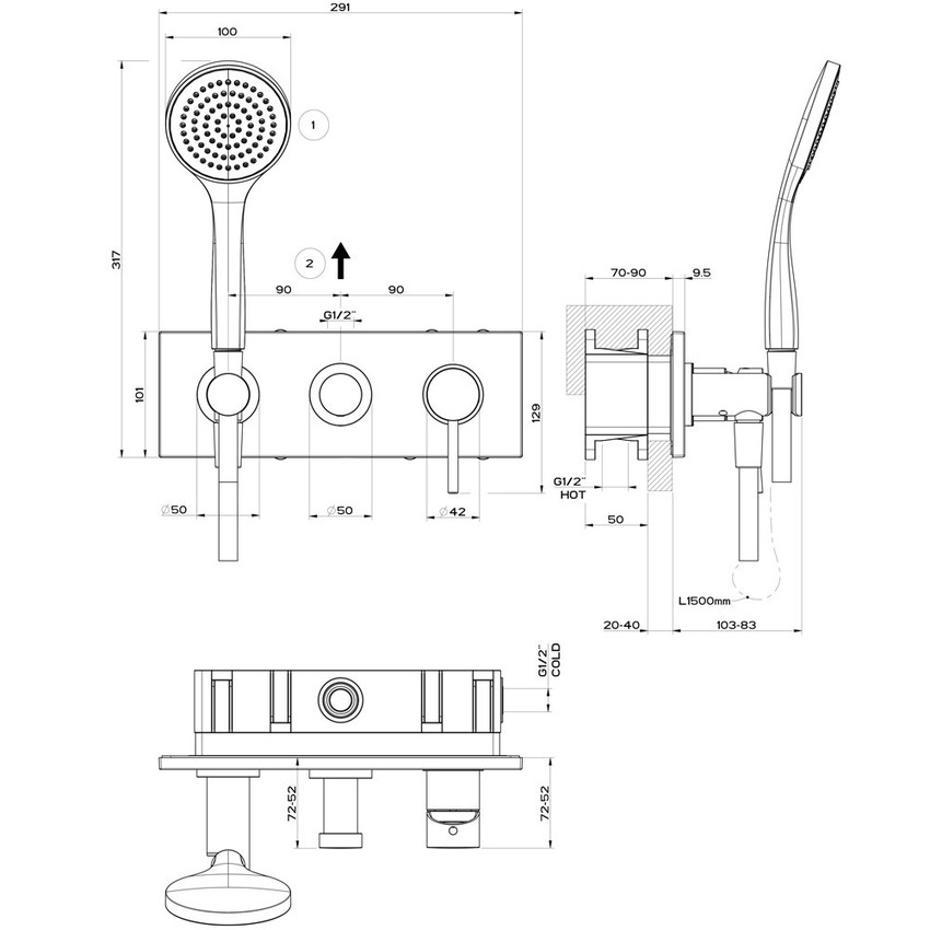 Immagine di Gessi VIA TORTONA miscelatore doccia a parete 2 uscite, con deviatore, presa acqua, supporto, flessibile 150 cm e doccetta anticalcare, senza corpo incasso, finitura cromo 44828#031