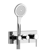 Immagine di Gessi VIA TORTONA miscelatore doccia a parete 2 uscite, con deviatore, presa acqua, supporto, flessibile 150 cm e doccetta anticalcare, senza corpo incasso, finitura cromo 44829#031