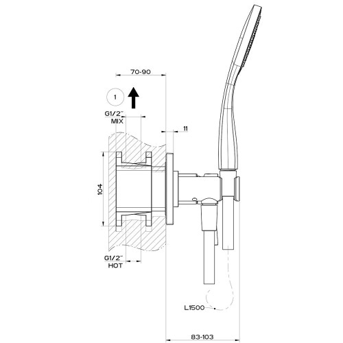 Immagine di Gessi VIA TORTONA miscelatore doccia a parete 2 uscite, con deviatore, presa acqua, supporto, flessibile 150 cm e doccetta anticalcare, senza corpo incasso, finitura cromo 44829#031