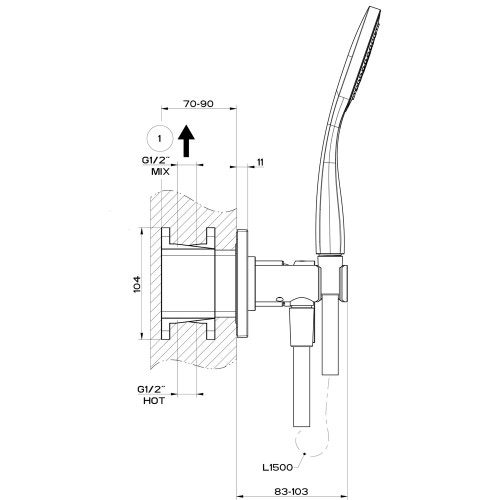 Immagine di Gessi VIA MANZONI miscelatore doccia a parete, 2 uscite, con deviatore, presa acqua, supporto, flessibile 150 cm e doccetta anticalcare, senza corpo incasso, finitura finox brushed nickel 44901#149