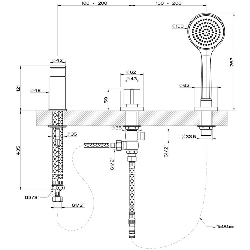 Immagine di Gessi VIA MANZONI gruppo bordo vasca, tre fori con deviatore, flessibile 150 cm e doccetta anticalcare, finitura cromo 38643#031