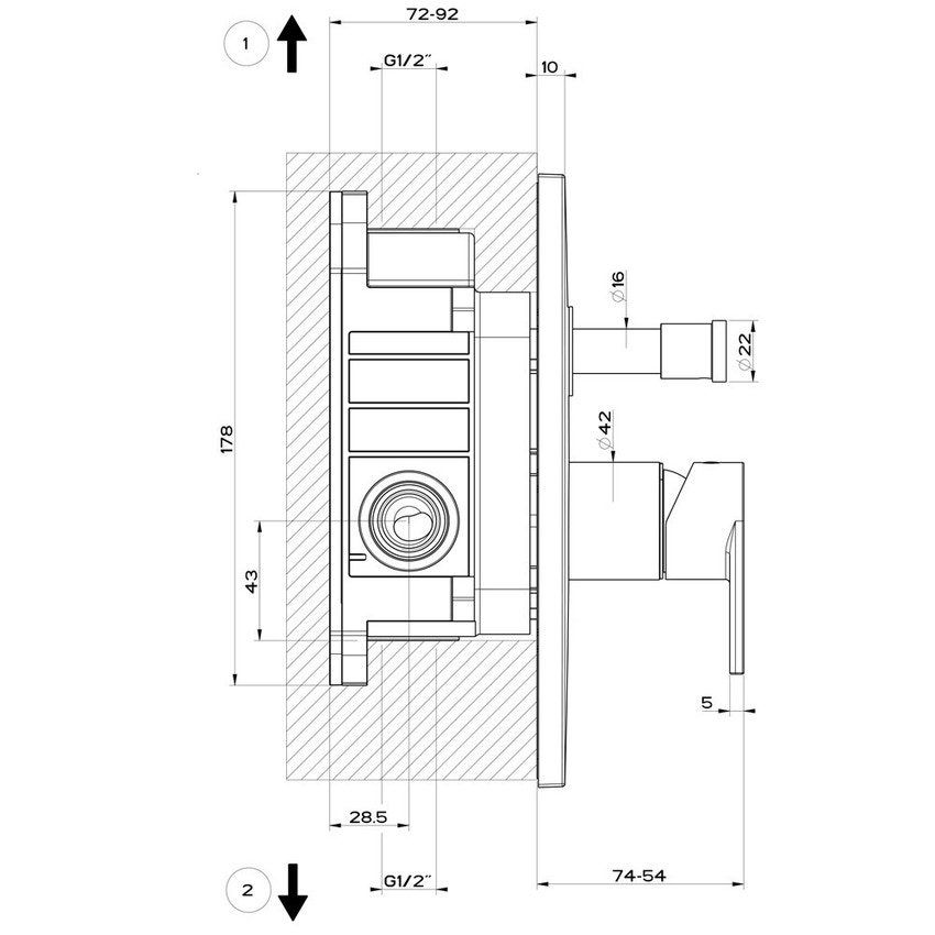 Immagine di Gessi VIA MANZONI miscelatore a parete, 2 uscite, con deviatore automatico bagno/doccia, finitura finox brushed nickel 44634#149