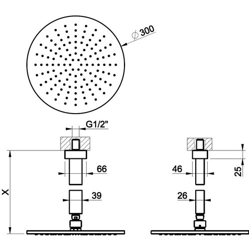 Immagine di Gessi OVALE soffione doccia con braccio da soffitto Ø300 mm con altezza personalizzabile (min 105 max 1855 mm) con attacco da 1/2" e anticalcare finitura cromo 23159#031