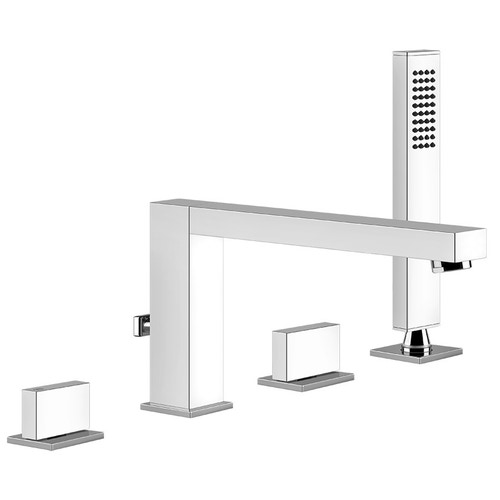 Immagine di Gessi RETTANGOLO T gruppo bordo vasca 4 fori con bocca di erogazione, deviatore, flessibile 150 cm e doccetta anticalcare, finitura copper brushed PVD 20337#708