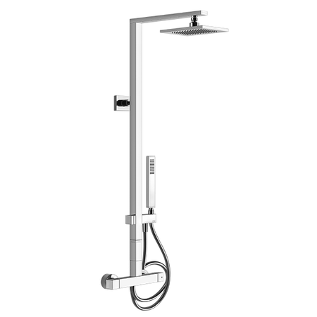 Immagine di Gessi RETTANGOLO SHOWER miscelatore termostatico a parete con soffione, deviatore automatico bagno/doccia, flessibile 150 cm e doccetta anticalcare, finitura cromo 23447#031