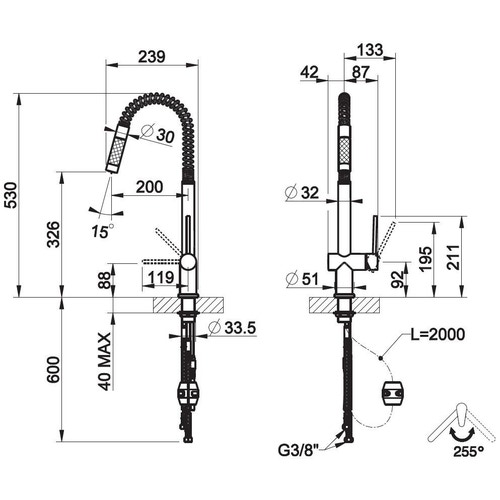 Immagine di Gessi OXYGENE CUCINA H.T. miscelatore monocomando con canna girevole doccetta estraibile a mono getto per lavello finitura cromo 00909#031