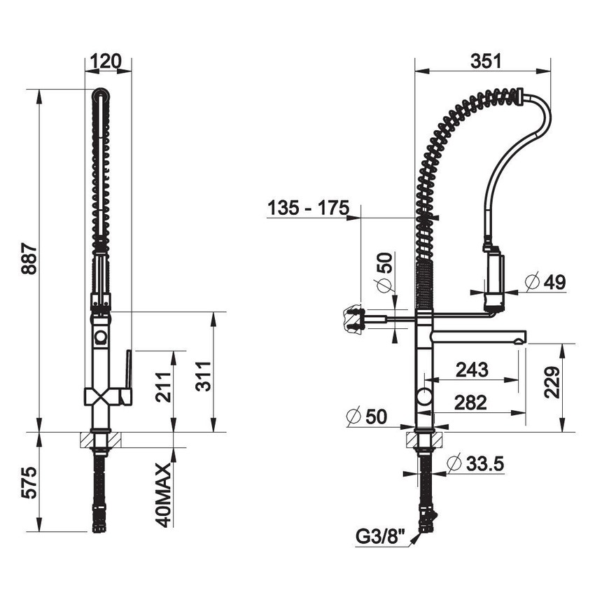 Immagine di Gessi OXYGENE CUCINA H.T. miscelatore professionale monocomando con canna girevole e doccetta per lavello finitura finox 00941#149