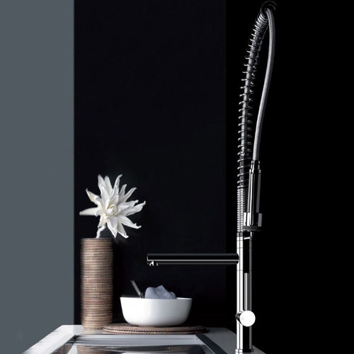 Immagine di Gessi OXYGENE CUCINA H.T. miscelatore professionale monocomando con canna girevole e doccetta per lavello finitura finox 00941#149