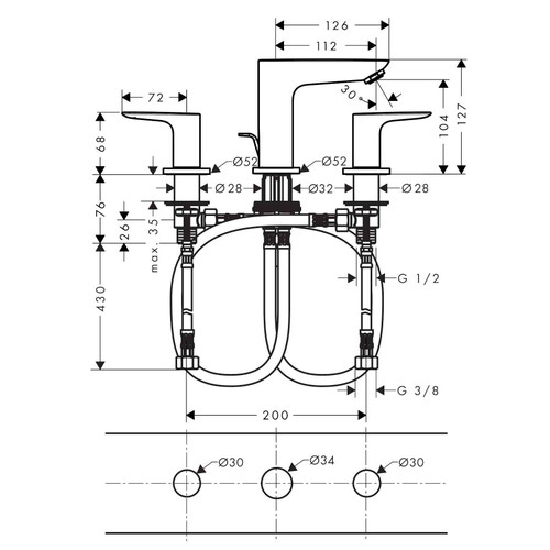 Immagine di Hansgrohe TALIS E rubinetteria 3 fori lavabo, con salterello, finitura cromo 71733000