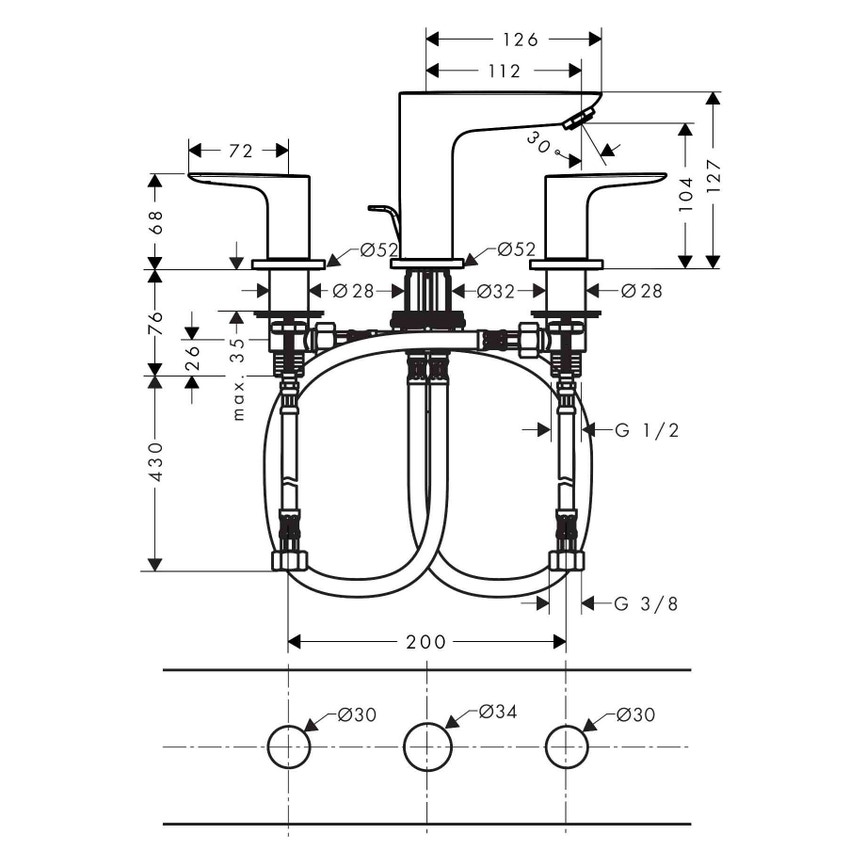Immagine di Hansgrohe TALIS E rubinetteria 3 fori lavabo, con salterello, finitura cromo 71733000