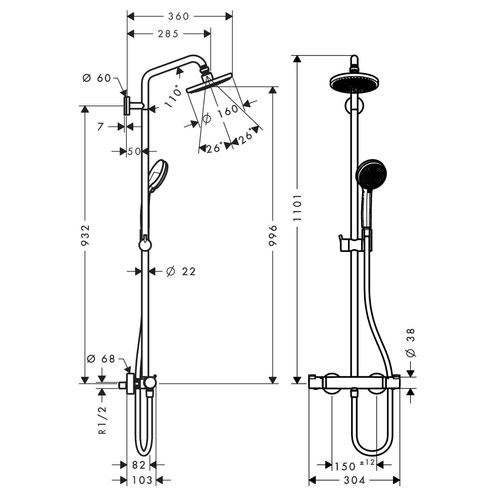 Immagine di Hansgrohe CROMA showerpipe 160 1 jet con termostatico, finitura cromo 27135000