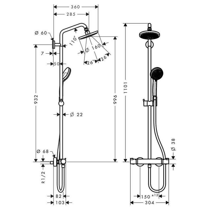 Immagine di Hansgrohe CROMA showerpipe 160 1 jet con termostatico, finitura cromo 27135000