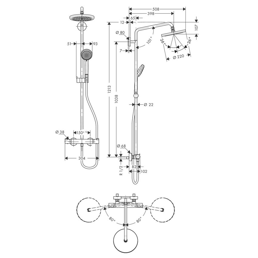 Immagine di Hansgrohe CROMA showerpipe 220 1 jet con termostatico, finitura cromo 27185000