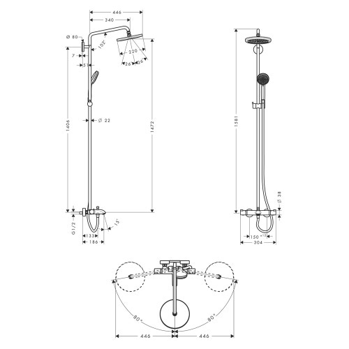 Immagine di Hansgrohe CROMA showerpipe 220 1 jet, con termostatico vasca, finitura cromo 27223000