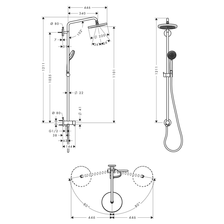 Immagine di Hansgrohe CROMA showerpipe 220 1 jet Reno, finitura cromo 27224000