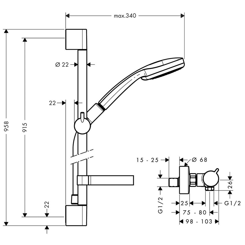 Immagine di Hansgrohe CROMA 100 sistema doccia esterno Vario, con termostatico Ecostat Comfort e asta doccia 90 cm, finitura cromo 27035000