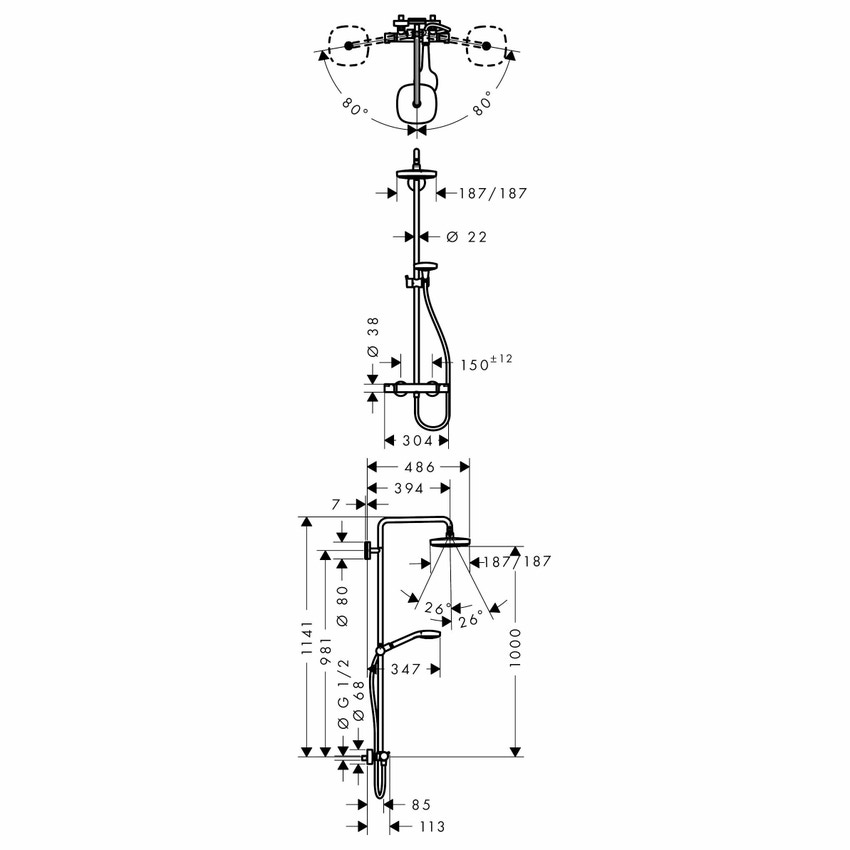 Immagine di Hansgrohe CROMA SELECT E showerpipe 180 2 jet con termostatico, finitura cromo e bianco 27256400