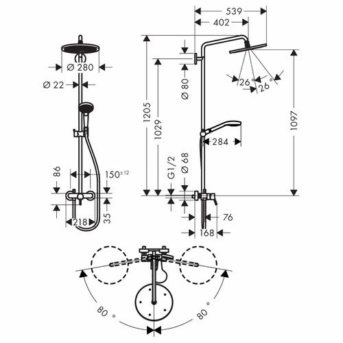 Immagine di Hansgrohe CROMA SELECT S showerpipe 280 1 jet, con miscelatore monocomando, finitura cromo 26791000