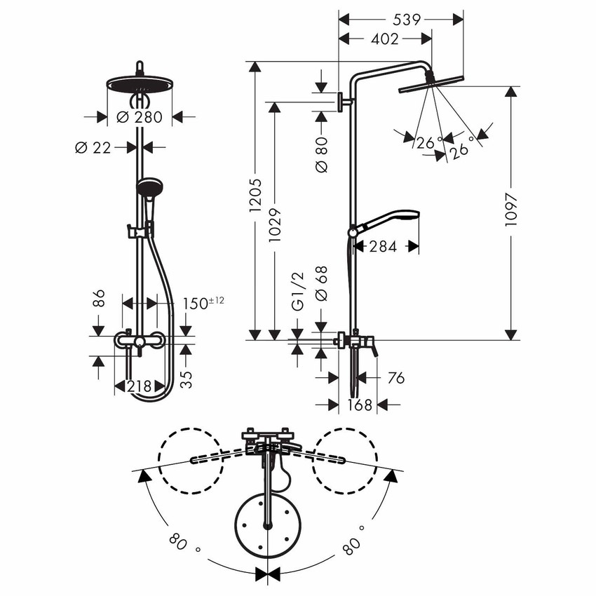 Immagine di Hansgrohe CROMA SELECT S showerpipe 280 1 jet, con miscelatore monocomando, finitura cromo 26791000