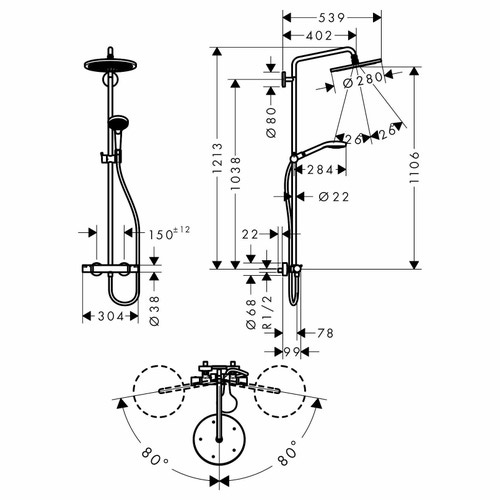 Immagine di Hansgrohe CROMA SELECT S showerpipe 280 1 jet, EcoSmart 9 l/min, con termostatico, finitura cromo 26794000