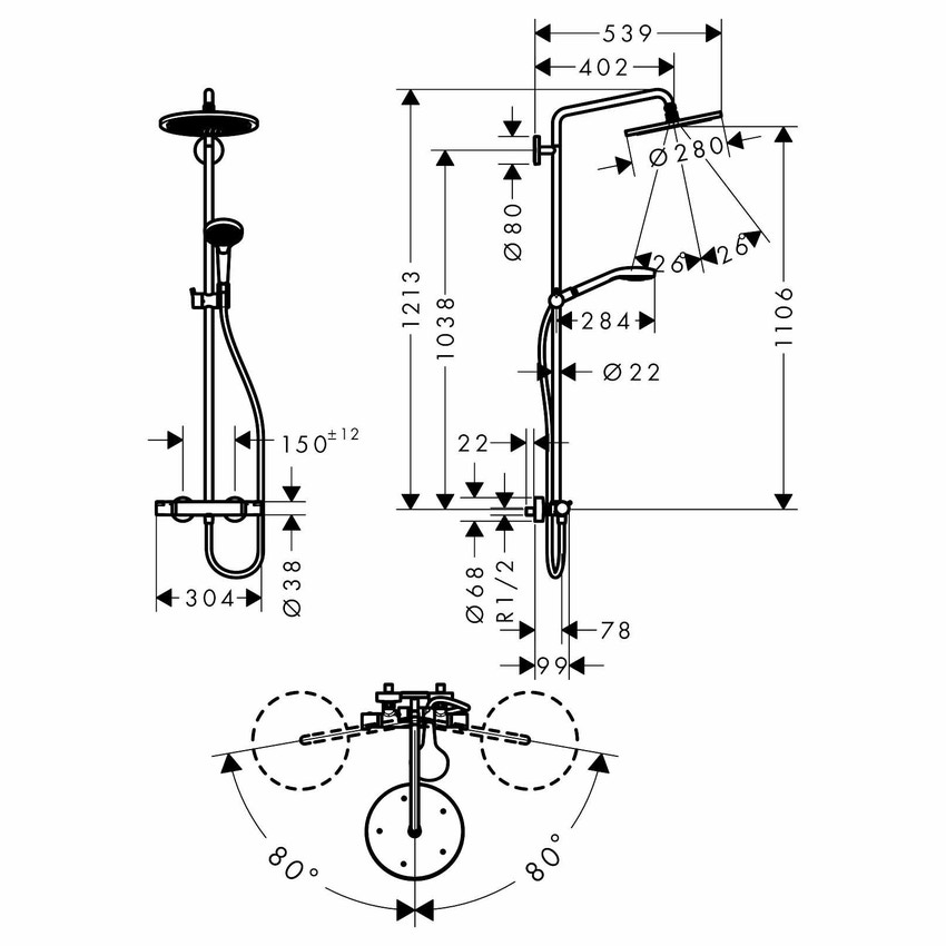Immagine di Hansgrohe CROMA SELECT S showerpipe 280 1 jet, EcoSmart 9 l/min, con termostatico, finitura cromo 26794000
