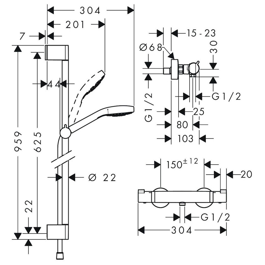 Immagine di Hansgrohe CROMA SELECT S sistema doccia esterno Vario, con termostatico Ecostat Comfort e asta doccia 90 cm, finitura cromo e bianco 27014400