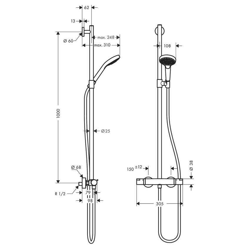 Immagine di Hansgrohe CROMA SELECT S semipipe Multi con termostatico, finitura cromo e bianco 27247400
