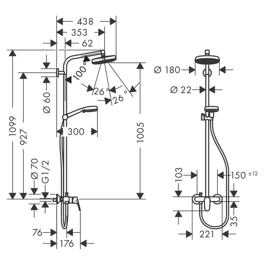 Immagine di Hansgrohe CROMETTA showerpipe 160 1 jet con miscelatore monocomando, finitura cromo e bianco 27266400