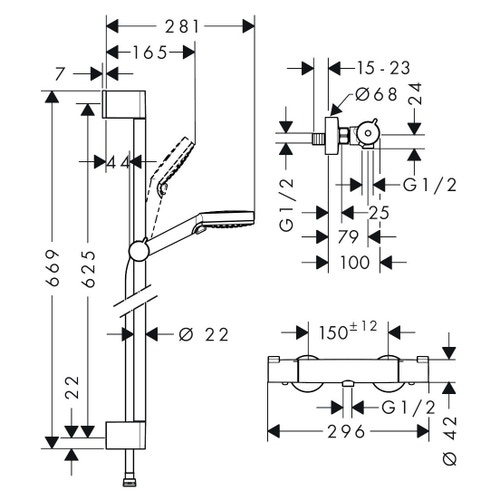 Immagine di Hansgrohe CROMETTA sistema doccia esterno Vario, con termostatico Ecostat 1001 CL e asta doccia 67 cm, finitura cromo e bianco 27812400