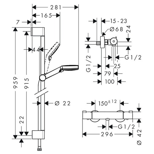 Immagine di Hansgrohe CROMETTA sistema doccia esterno Vario, con termostatico Ecostat 1001 CL e asta doccia 96 cm, finitura cromo e bianco 27813400