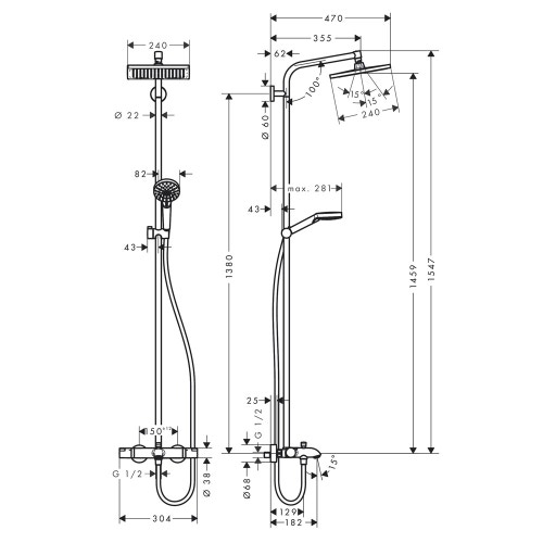 Immagine di Hansgrohe CROMETTA E showerpipe 240 1 jet con termostatico vasca finitura cromo 27298000