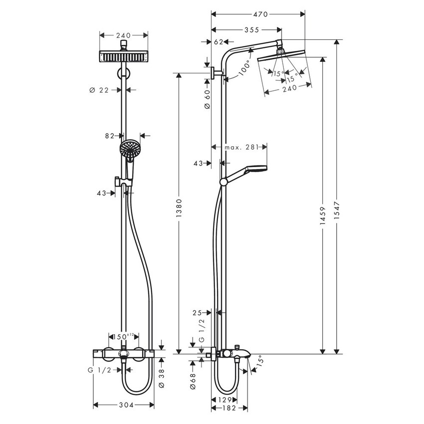 Immagine di Hansgrohe CROMETTA E showerpipe 240 1 jet con termostatico vasca finitura cromo 27298000