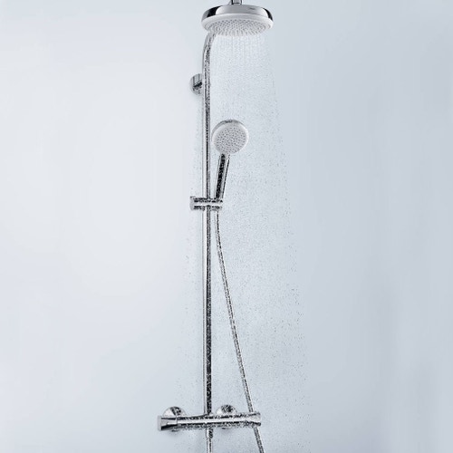 Immagine di Hansgrohe CROMETTA 100 showerpipe 160 1 jet con termostatico, finitura cromo e bianco 27264400
