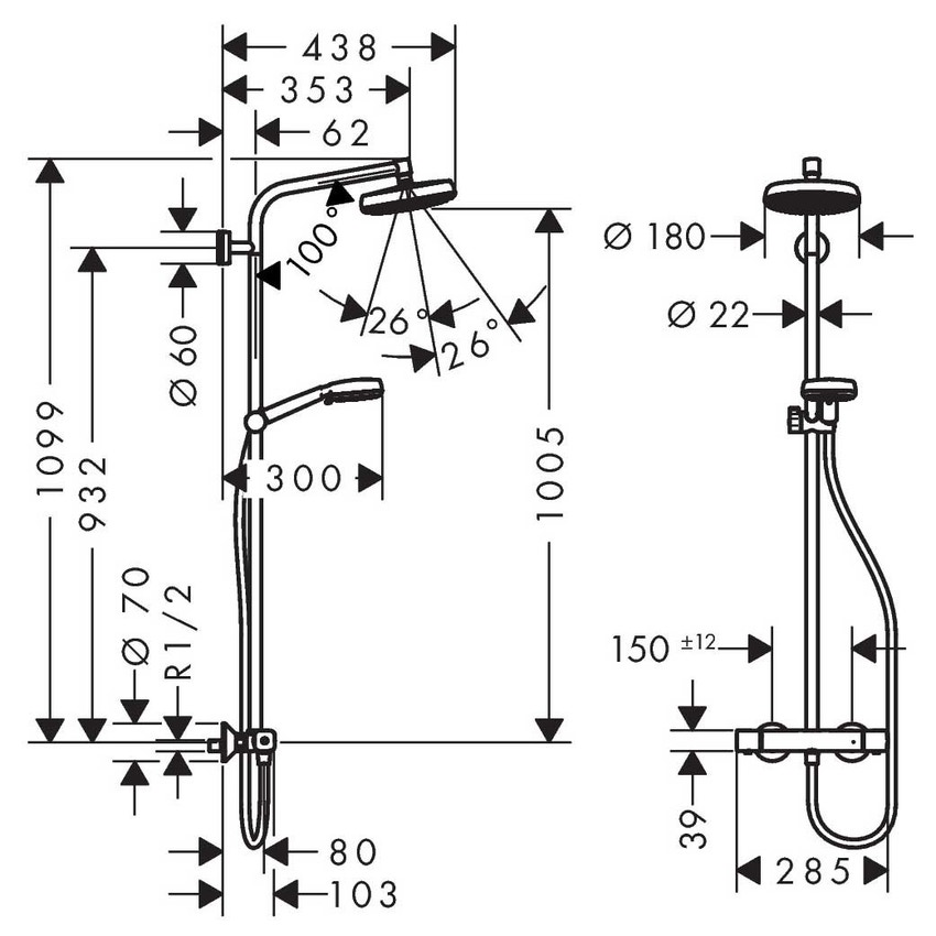 Immagine di Hansgrohe CROMETTA 100 showerpipe 160 1 jet con termostatico, finitura cromo e bianco 27264400