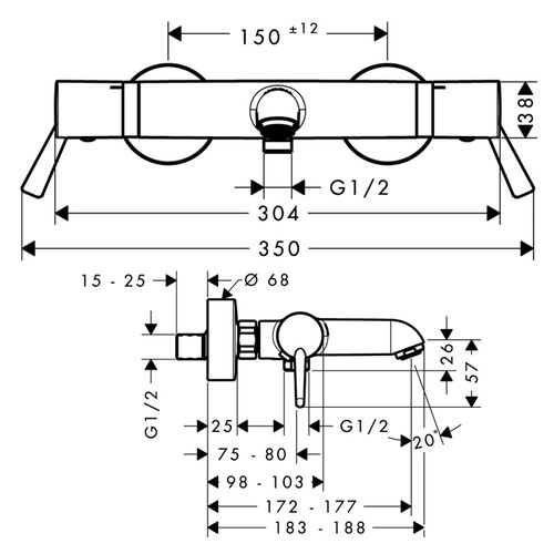Immagine di Hansgrohe ECOSTAT miscelatore termostatico vasca comfort care, esterno con maniglia extra lunga, finitura cromo 13115000