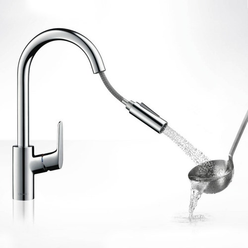 Immagine di Hansgrohe FOCUS miscelatore cucina monocomando 240, con doccetta estraibile, finitura acciaio inox 31815800