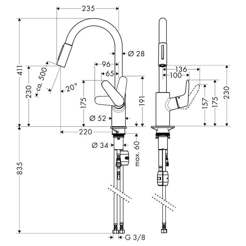 Immagine di Hansgrohe FOCUS miscelatore cucina monocomando 240, con doccetta estraibile, finitura acciaio inox 31815800