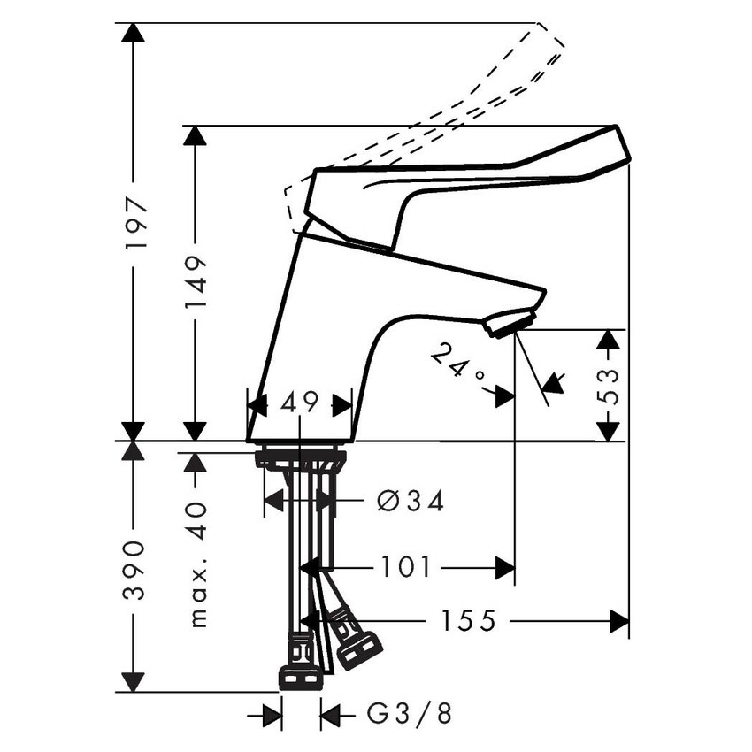 Immagine di Hansgrohe FOCUS miscelatore monocomando lavabo 70, con maniglia extra lunga, senza scarico e saltarello, finitura cromo 31914000